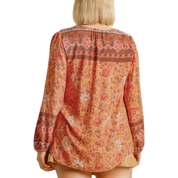 Orange Floral Peasant Top Lightweight Festival Flowy Rayon Blouse By Umgee Sz M - Picture 5 of 11